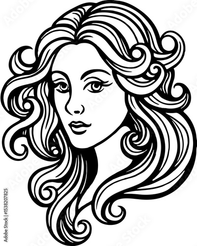 Beautiful illustration of a glamorous woman's face with long, flowing hair and elegant makeup, sketched in a fashionable art style