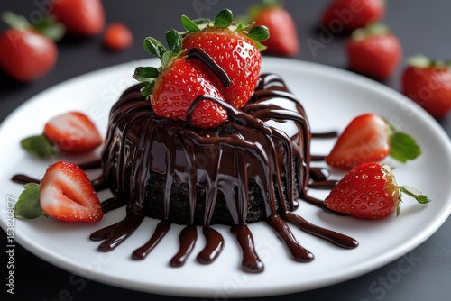  Chocolate swirl dessert plate, glossy dark ribbon forms spiral, fresh strawberries placed with care, contrast and sweet elegance on white background.
