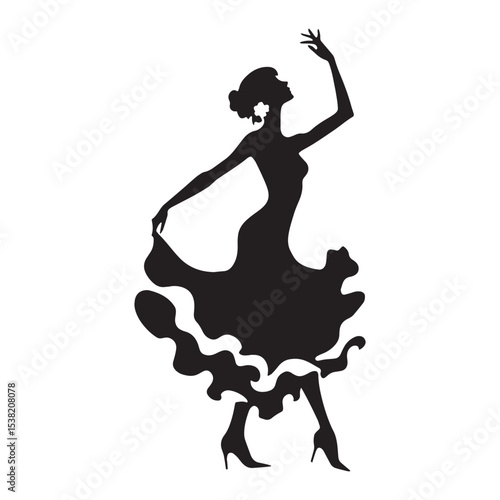 Joyful Shadow Dancing Woman Dynamic Pose Graphic Vector, with Arms Raised in Exuberance - dancing woman silhouette - dancing woman vector - silhouette of dancing woman
