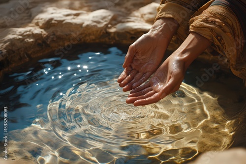  Desert traveler kneeling by oasis, hands cupping water, ripples shimmer under arching palms, cool oasis contrasts warm tones, white background.