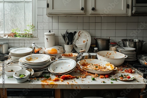  Dirty kitchen counter with dishes, sauce, crumbs, clutter in soft daylight, chaos and leftover textures in realistic mess on white background.