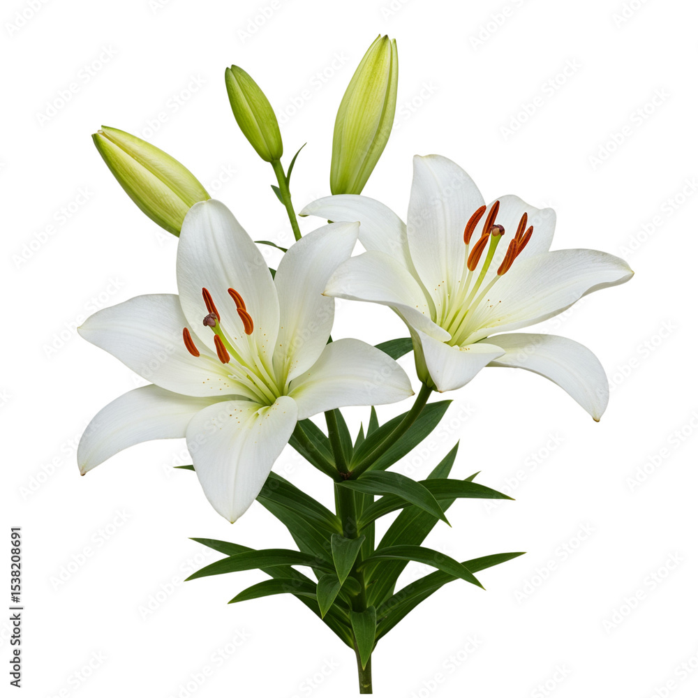 Two white lilies with buds isolated on transparent background Two white lilies with buds isolated on transparent background