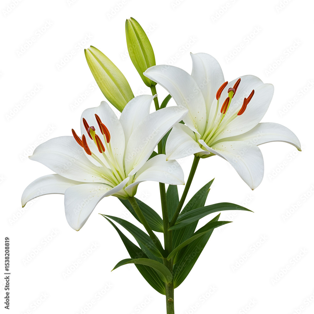 Two white lilies with buds isolated on transparent background Two white lilies with buds isolated on transparent background