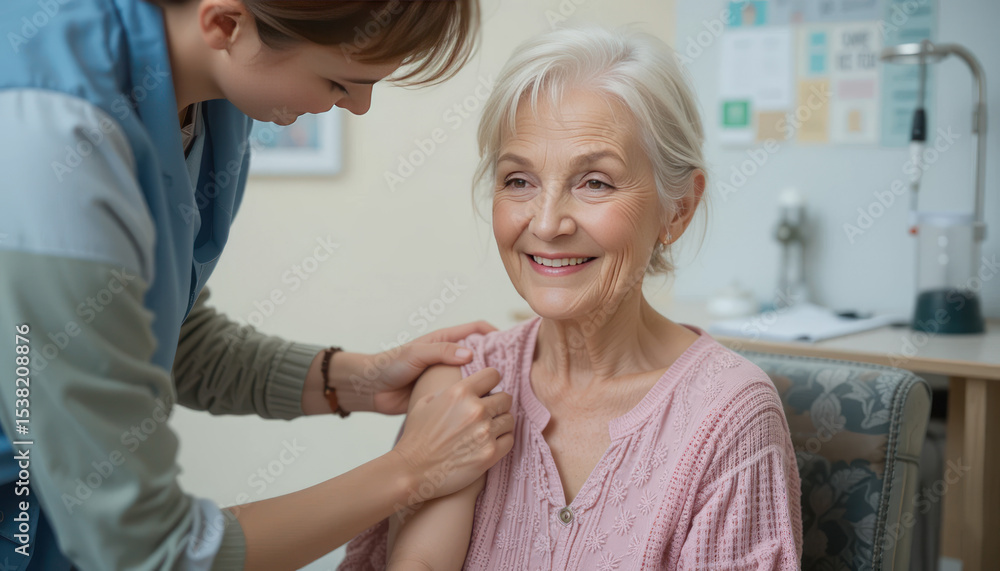 Obraz premium Caring nurse helps elderly woman with vaccination in a warm and inviting healthcare setting, promoting health and wellness for seniors