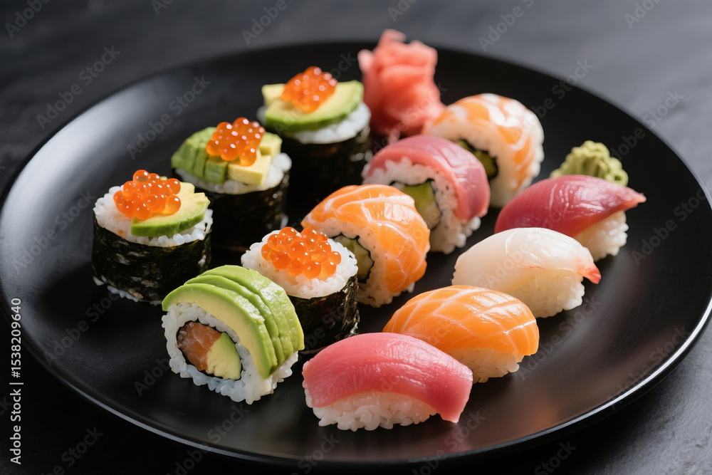 Fresh Sushi with Avocado and Roe on Plate Fresh Sushi with Avocado and Roe on Plate