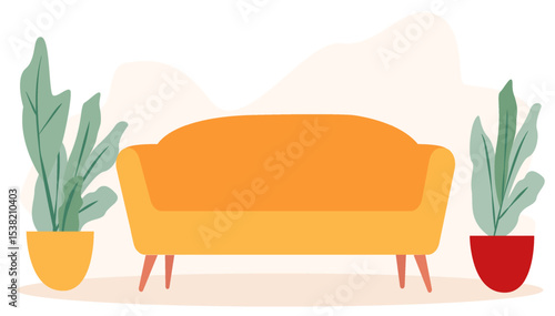 A stylish living space featuring a bright orange sofa positioned between two decorative potted plants. The modern design emphasizes comfort and freshness, ideal for relaxation