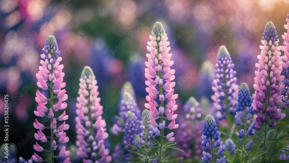 Obraz premium Pink and purple lupine flowers in summer.