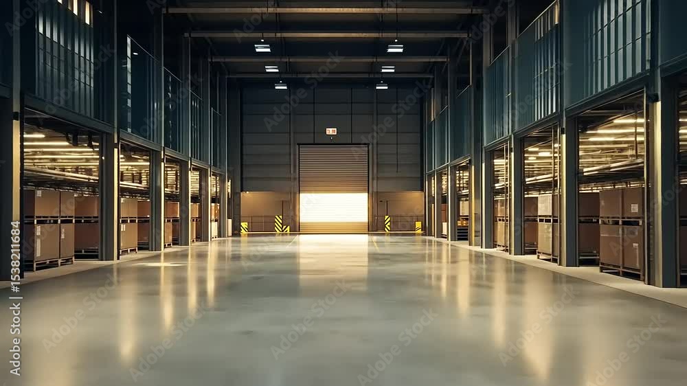 custom made wallpaper toronto digitalSpacious warehouse interior with open loading dock, bright light streaming in, empty storage units