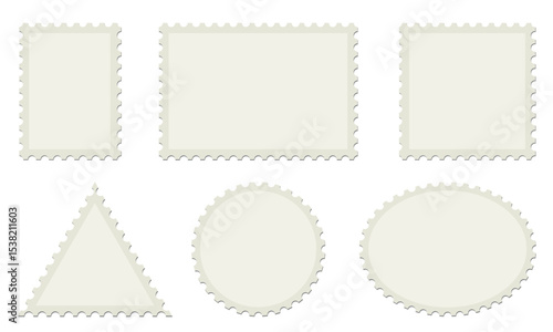 Set of blank postage stamps. Blank postage postmark. Empty mail delivery template.