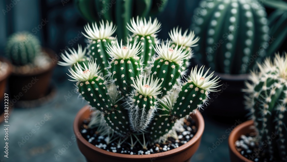 Green Blossoming Cactus With Sharp White Prickles In Pot Closeup.. With Empty Copy Space For Text Green Blossoming Cactus With Sharp White Prickles In Pot Closeup.. With Empty Copy Space For Text