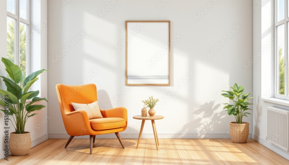 Fototapeta premium create a watercolor illustration of a minimalist, bright interior with an orange armchair, small table, and houseplant