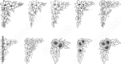 Floral corner vector illustrations with roses, sunflowers, and leaves perfect for wedding invitations, decorative borders, stationery design, and botanical art compositions.

