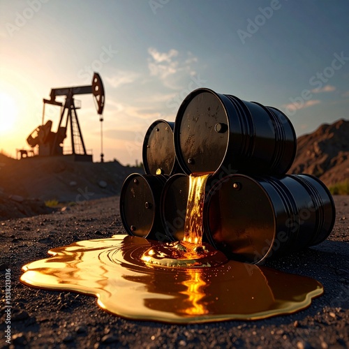 Multiple industrial oil barrels toppled on the ground, with molten gold flowing out.
