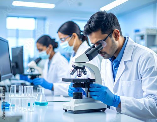 Scientists working with microscope in a lab developing cancer drugs, modern setting