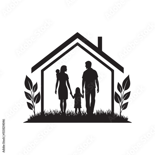 family in home vector silhouette clip art logo design illustration