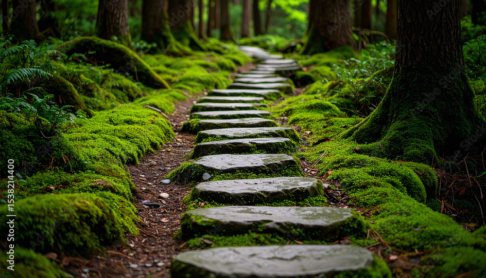 Fototapeta premium Mossy Stone Pathway Through Enchanted Forest