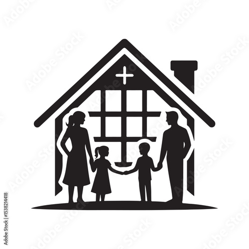 family in home vector silhouette clip art logo design illustration