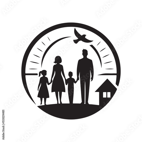 family in home vector silhouette clip art logo design illustration