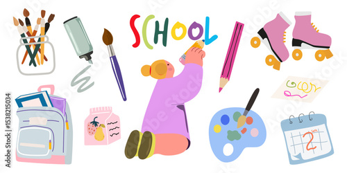 Children's school hobbies and activities. School supplies vector icons collection. Kids flat cartoon characters. Drawing, football, skateboarding, badminton. Daily children's chores