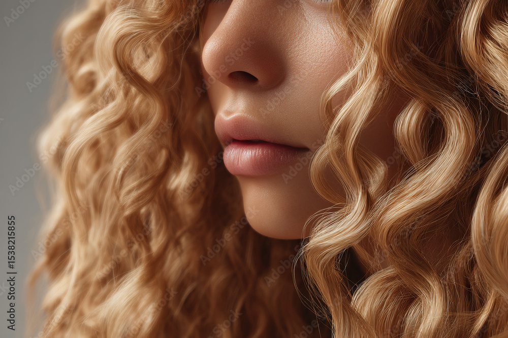 Naklejka premium Close-up of a woman's face with stunning blonde curly hair, showcasing soft skin and full lips in a beauty and style shot.