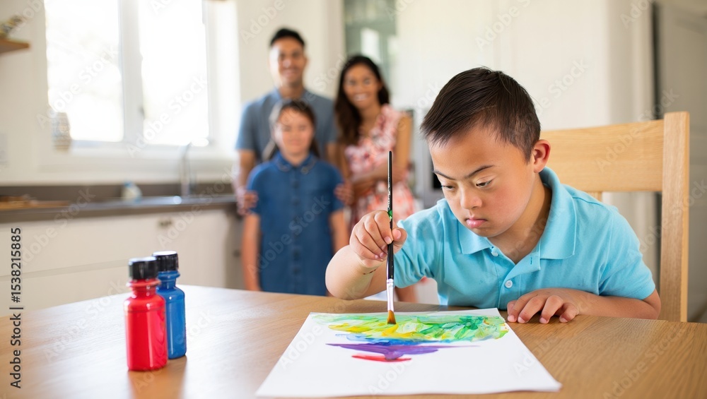 Fototapeta premium Young boy with Down syndrome focused on painting a colorful artwork at a wooden table, with family members smiling in the background, capturing a moment of creativity and family bonding