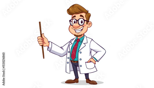 Cartoon Character of Male Scientist with Glasses Holding Pointer and Wearing Lab Coat in Playful Pose for Educational Content Representation