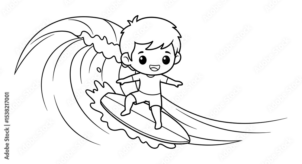 Obraz premium Chibi surfer coloring page vector illustration of boy surfing on a wave outline drawing on transparent background