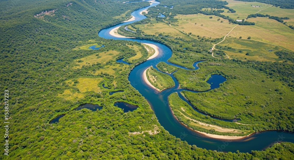Fototapeta premium Aerial view of a winding river flowing through lush green forest and open fields.