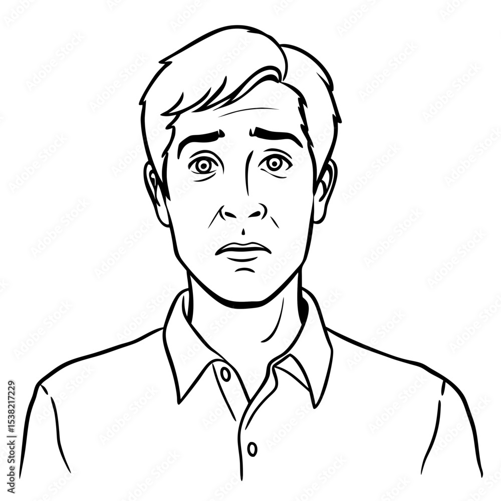 Confused man avatar with worried expression. This pensive male character shows uncertainty and doubt. Design includes simple lines and a minimalist style, perfect for website icons or app interface. Confused man avatar with worried expression. This pensive male character shows uncertainty and doubt. Design includes simple lines and a minimalist style, perfect for website icons or app interface.