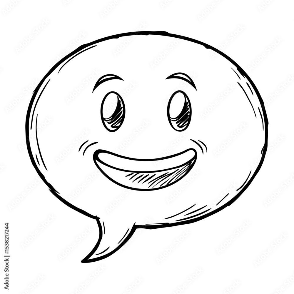 Fototapeta premium Happy emoji reaction bubble with smiling face. Positive emoji speech bubble with cheerful expression and simple design. Sketch style emoji reaction ideal for social media posts and website design.