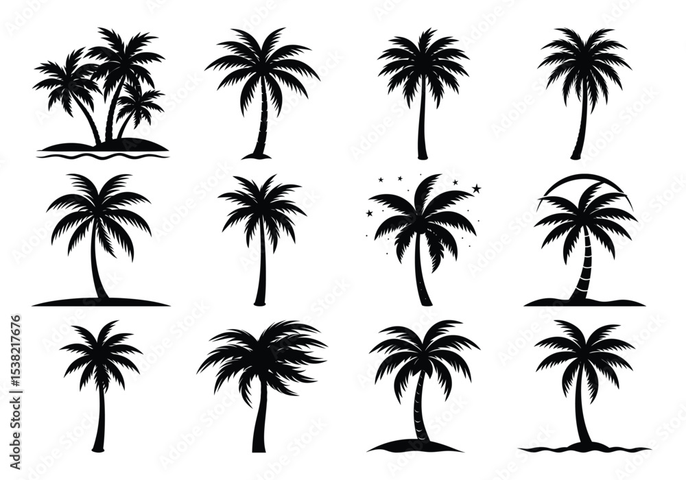 Obraz premium Collection of Black Silhouette Palm Trees Vector collection on white background