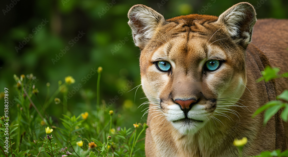 Obraz premium Wild Cougar with Bright Blue Eyes in Green Forest with Yellow Flowers