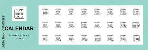 Calendar icon set. Containing date, schedule, month, week, appointment, agenda, organization and event icons. Solid icon collection. Vector illustration. Editable stroke.