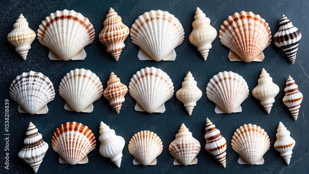 Different seashells set in four lines on way to the sea with empty copy space for text. Different seashells set in four lines on way to the sea with empty copy space for text.