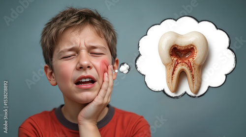 Concerned boy holding cheek in pain due to toothache with thought bubble featuring a decayed tooth illustration on a blue background