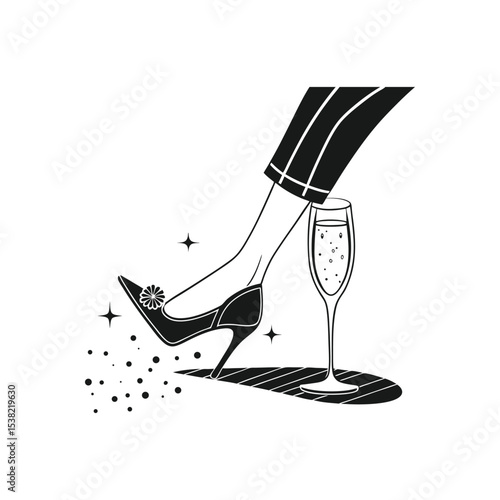 Luxury lifestyle graphic for a party invitation or fashion blog featuring a minimalist drawing of legs in stylish shoes next to sparkling wine