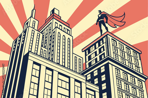 A Superhero Stands Tall Above City Buildings in Retro Comic Book Style Art