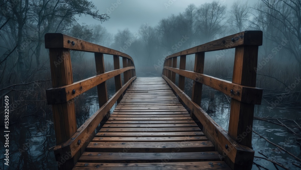 Obraz premium A solid wooden bridge over wetlands, surrounded by misty trees and water.