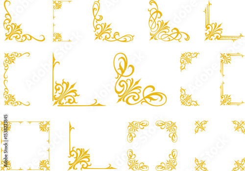 Set of Golden corner ornament with elegant vintage flourishes and classical decorative borders, ideal for invitations, wedding cards, antique frames, and luxurious design embellishments.

