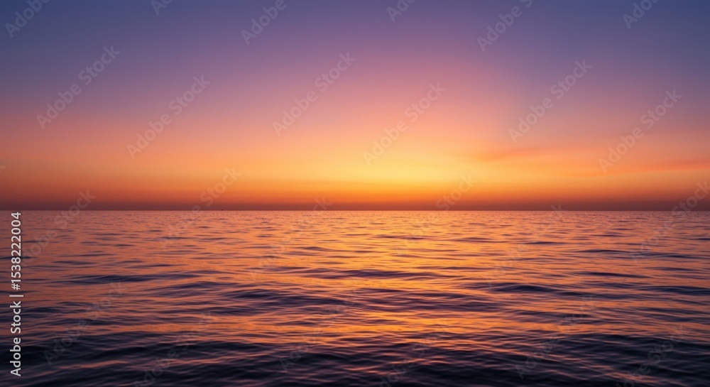 Fototapeta premium Serene sunset over calm ocean waters, displaying vibrant hues of orange and purple in the sky.