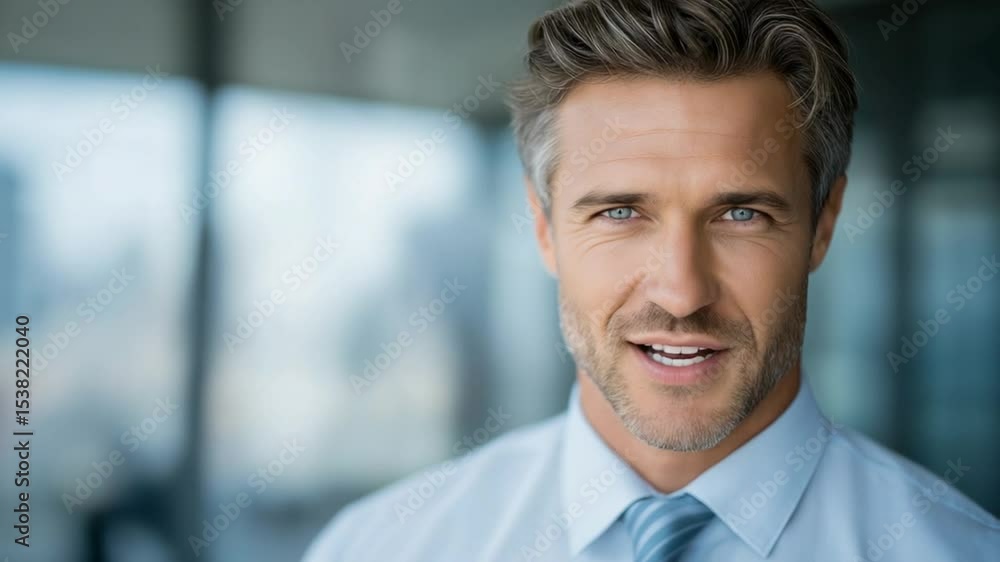 Confident businessman smiling in modern office with city view Confident businessman smiling in modern office with city view