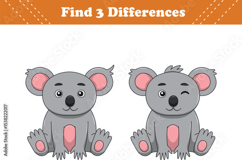 Education game for children find three differences between two koala cartoon. Vector illustration