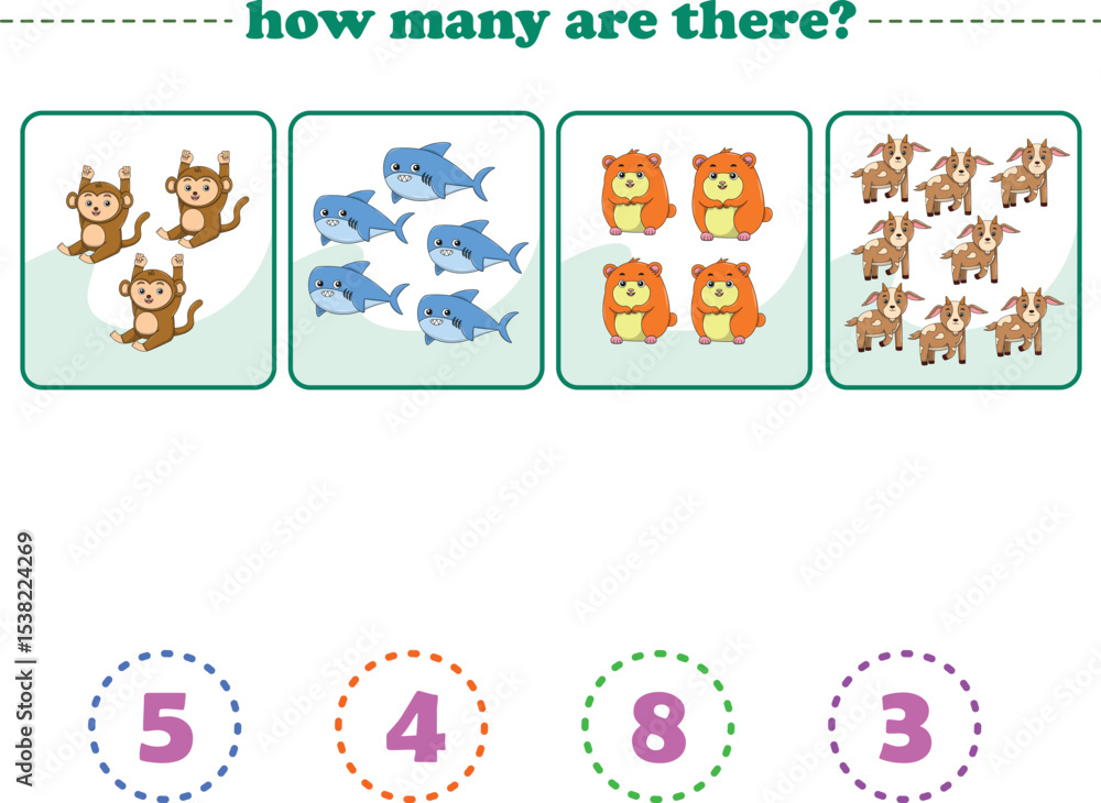 Obraz premium Counting game of wild animals for preschool kids. Printable. Vector Illustration