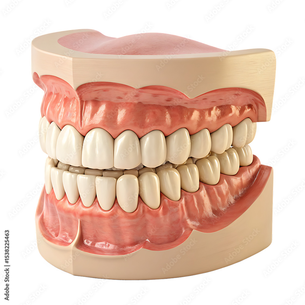Obraz premium Realistic 3D render of human teeth and gums, full dental anatomy model isolated - on transparent background.PNG AI