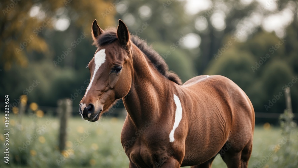 Fototapeta premium Brown foal with white mark posing outdoors in summer, close-up portrait with empty space for text.