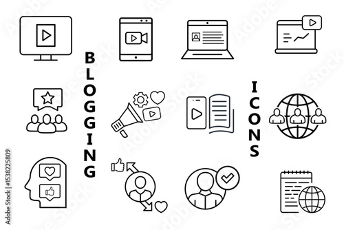 Blogging line icon set. Influencer, content, creation, like, vlogging, blog, vlogger, social media, followers, personal brand, video equipment and digital marketing icons. Editable vector illustration