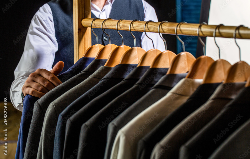 Obraz premium Men clothing, boutiques. Tailor, tailoring. Stylish men's suit. Man suit, tailor in his workshop. Fashion man in classical costume suit. Male suits hanging in a row