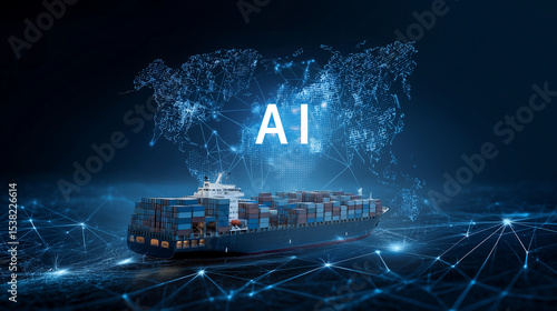 AI and global logistics concept with world map, supply chain network, and container ship for import-export 