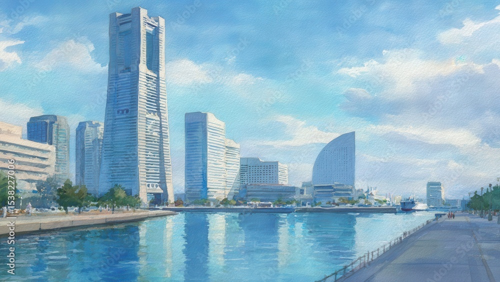 Obraz premium 横浜みなとみらいの水彩画イラスト - ランドマークタワーと海の風景_1