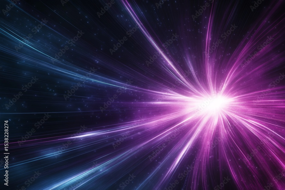 Fototapeta premium Dynamic purple glow with abstract light trails shooting across the horizon like cosmic bursts.